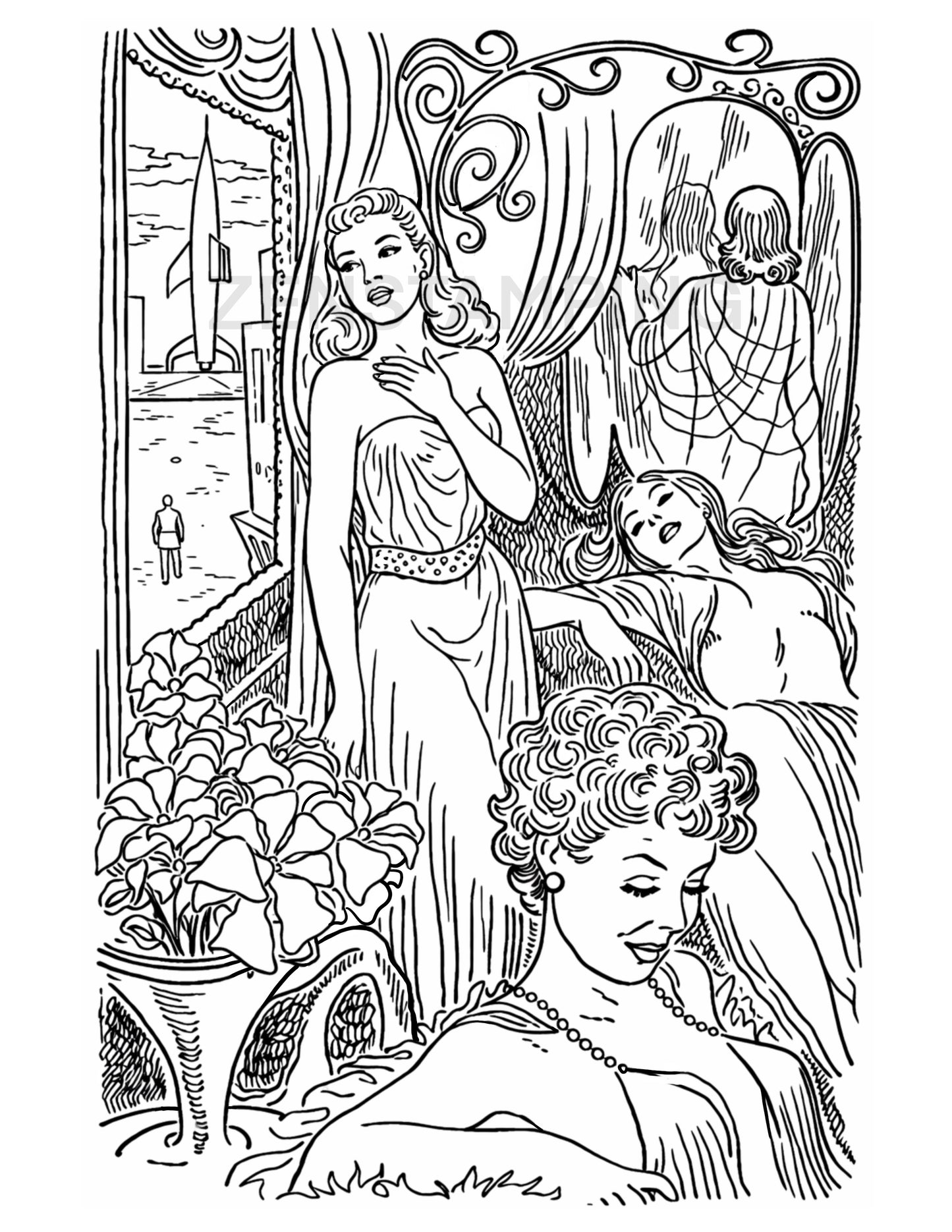 12 Printable Retro Sci-Fi Coloring Pages (PDF .zip)