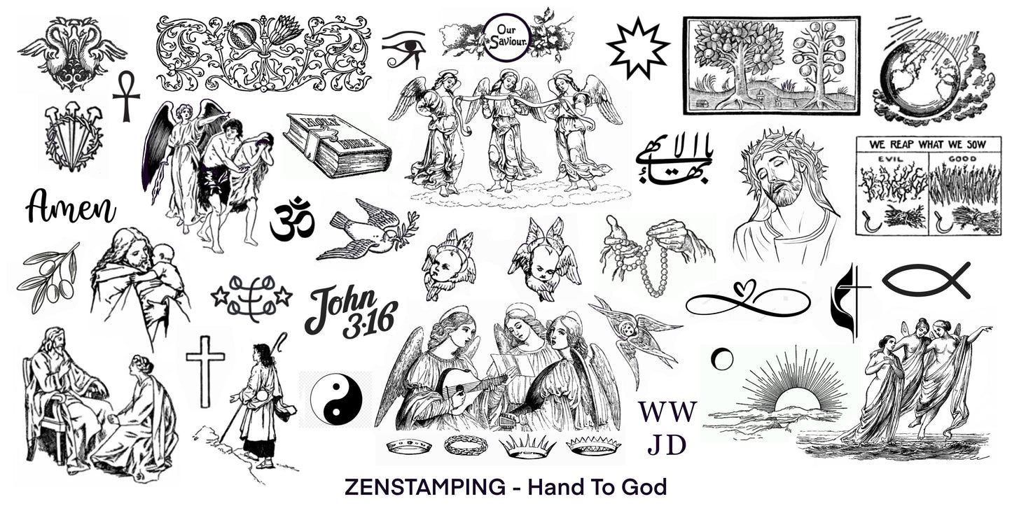 Collection of black and white illustrations and symbols with text, including religious and artistic elements, from Zenstamping.
