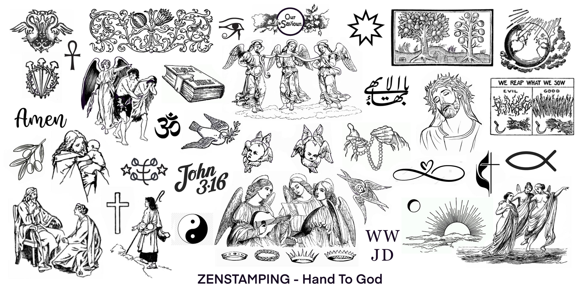 Collection of black and white illustrations and symbols with text, including religious and artistic elements, from Zenstamping.