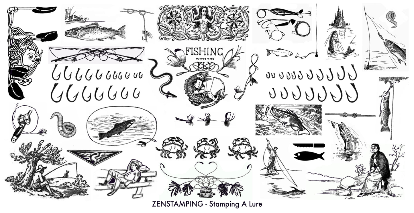 Collection of vintage fishing-themed illustrations and designs.