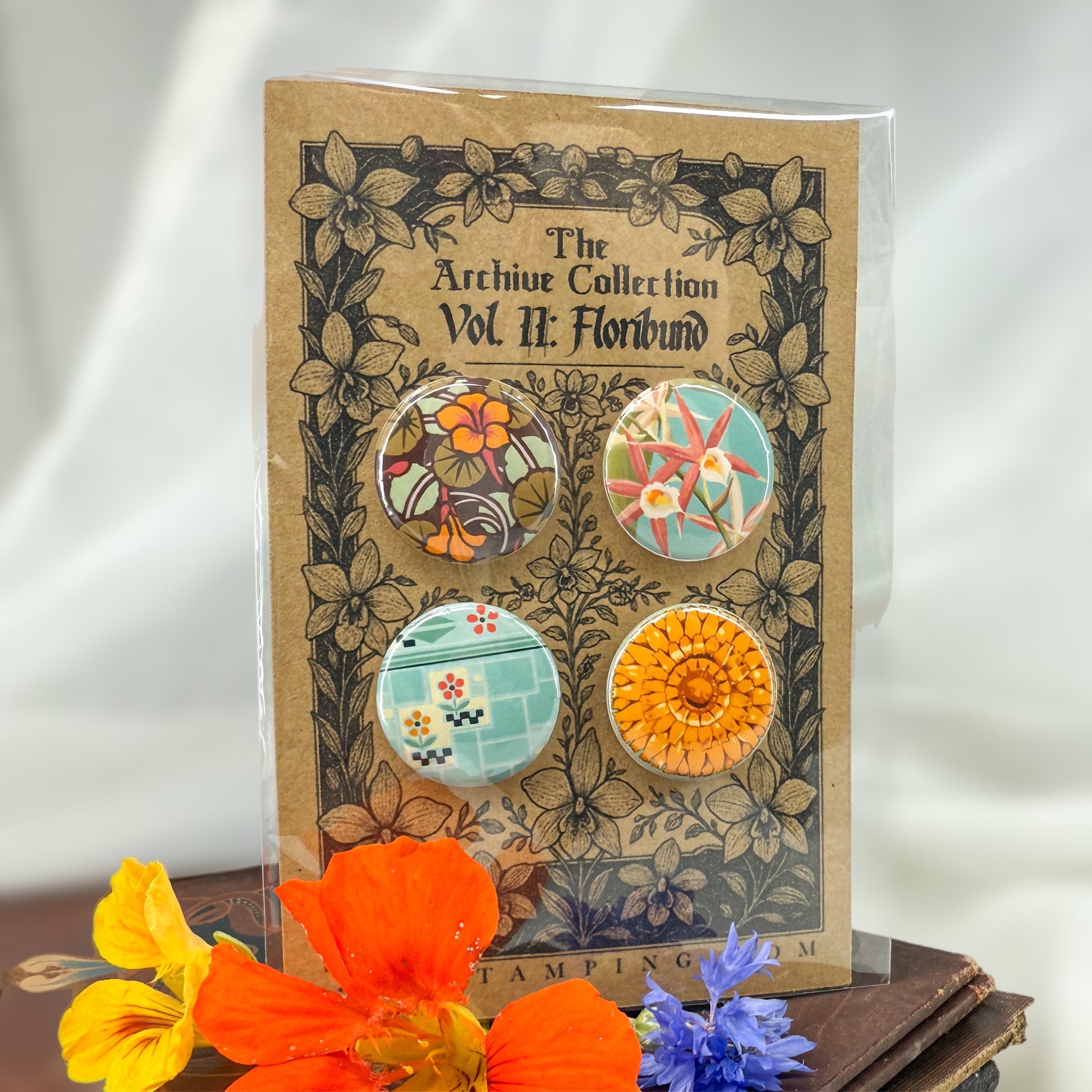 Floral-themed product packaging with decorative elements on a white background