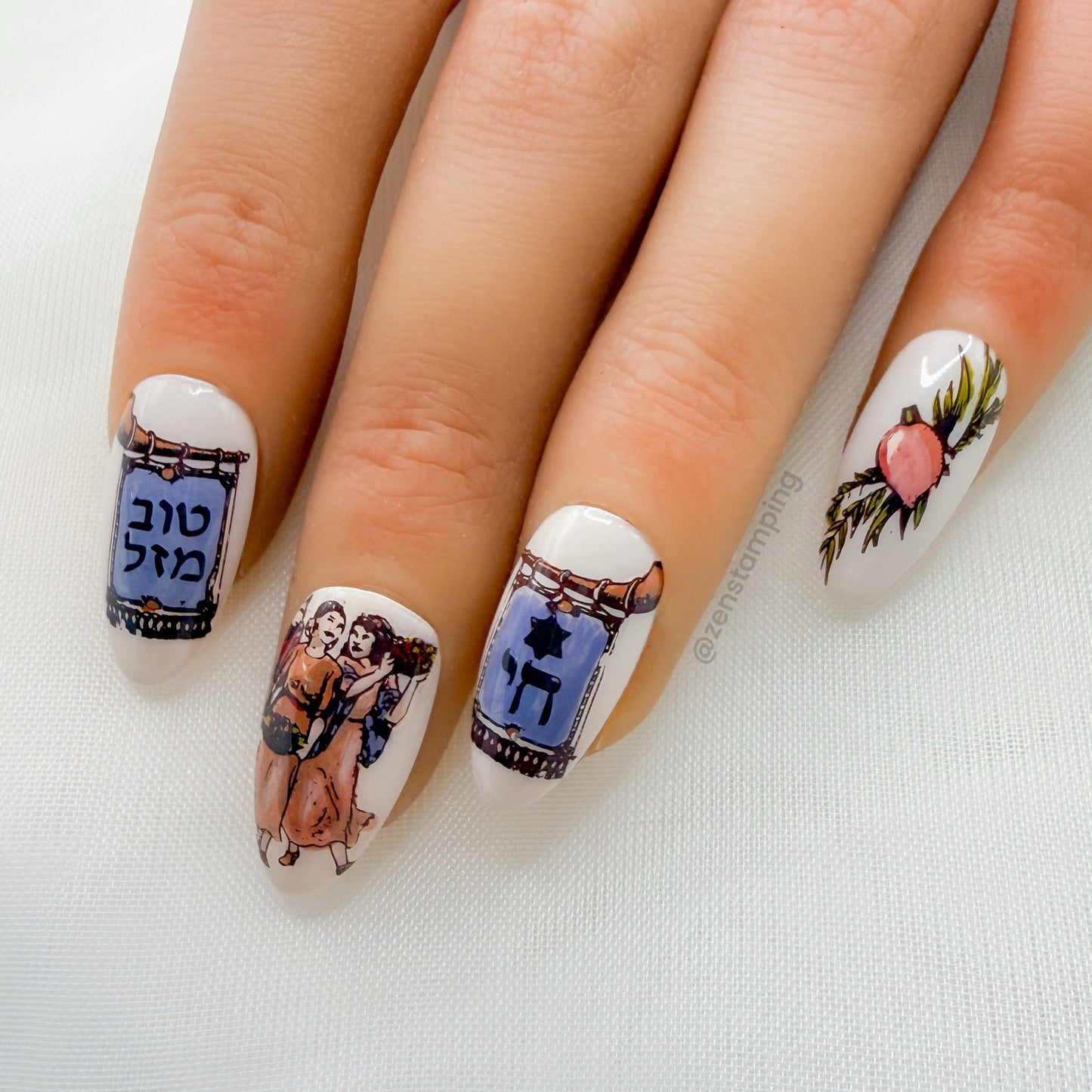 Nails with artistic designs on a white background